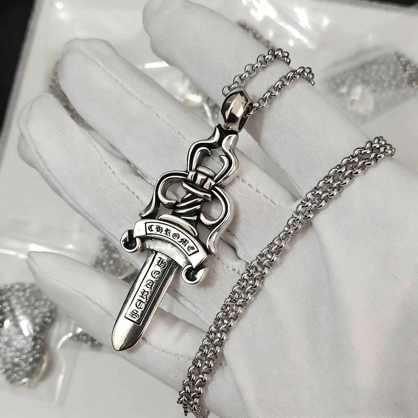 Cross necklace hexagonal star sword boat anchor pendant paired with letter flame pearl chain ﻿